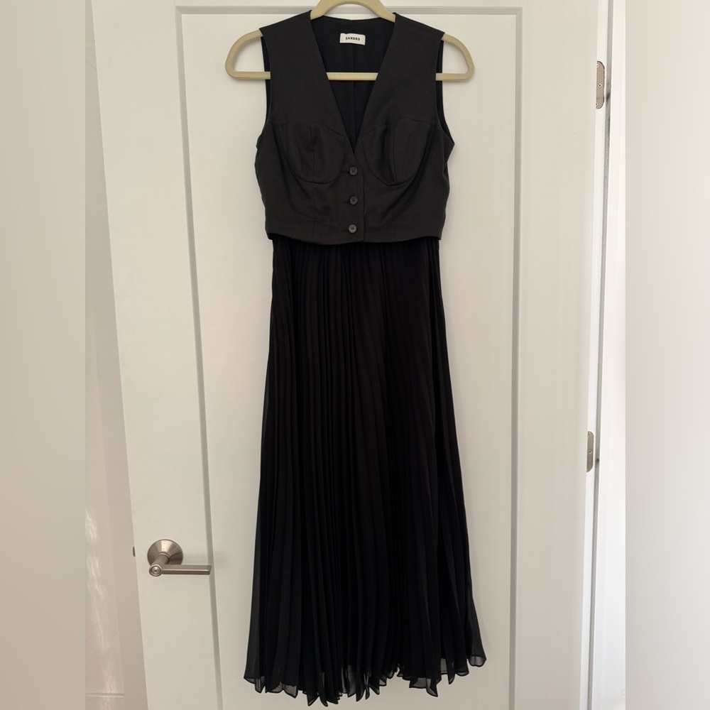 Sandro V-Neck Pleated-Skirt Woven Maxi Dress